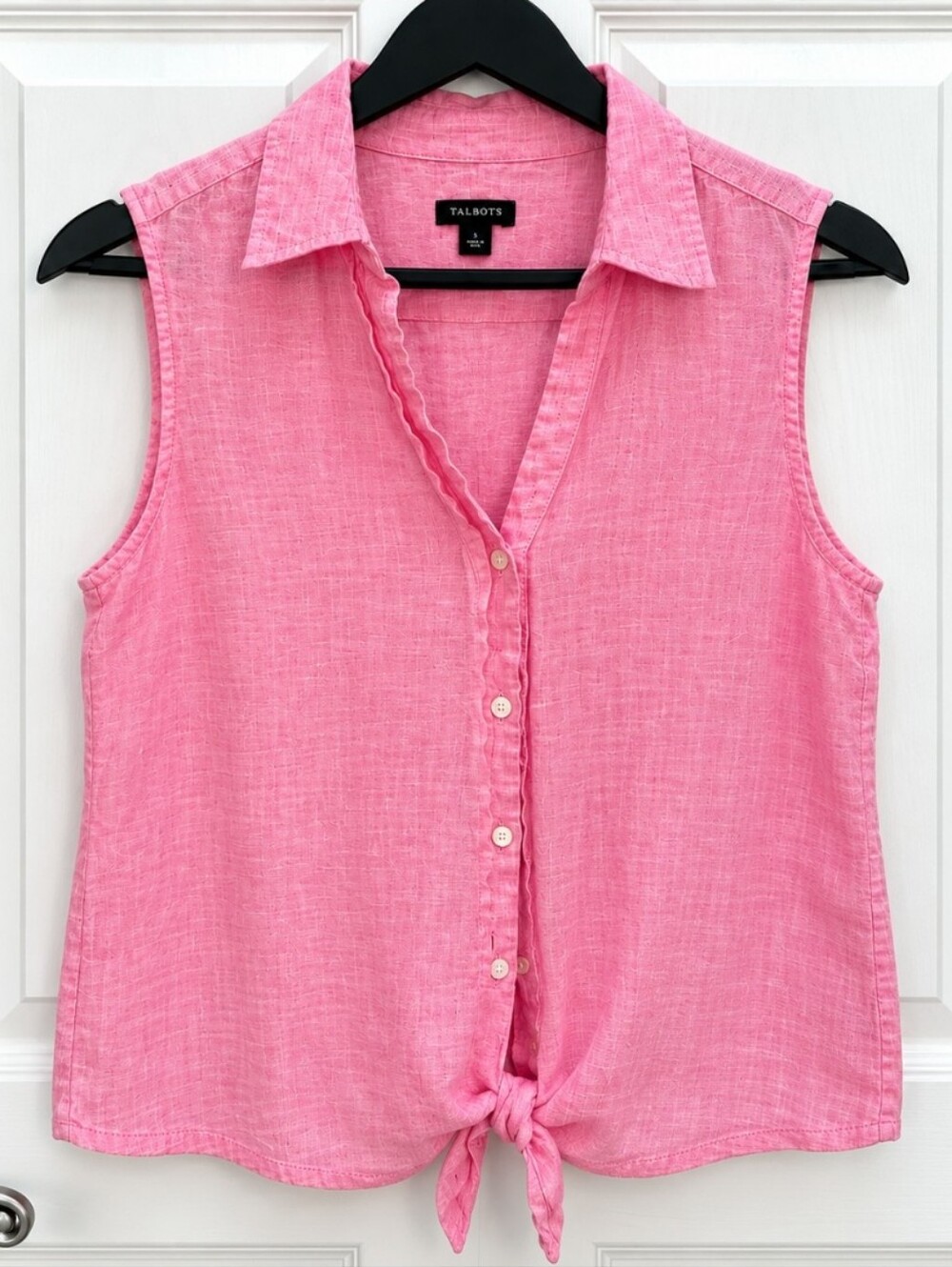Talbots Pink Sleeveless 100% Linen Tie Front Blouse Sz Lg